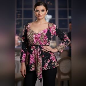 J.t.b Black Floral/Leopard Long Sleeves Asymetric Heart Neckline Festive Top, 2X